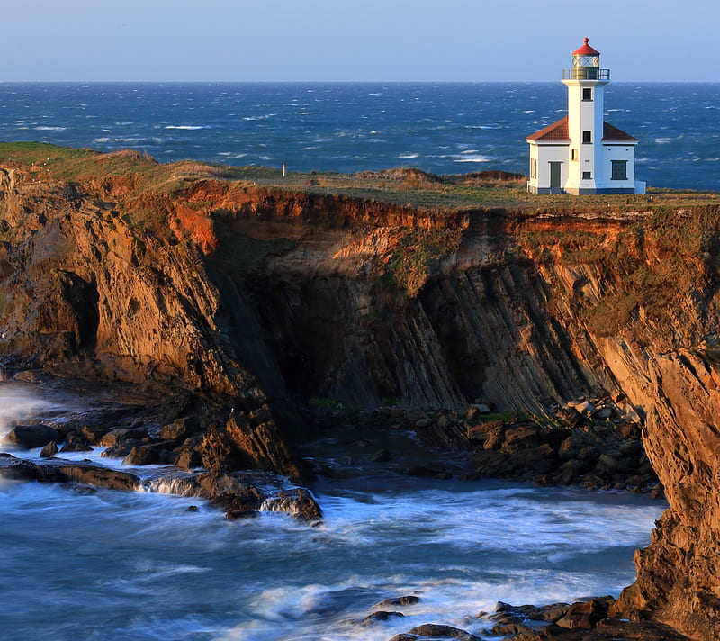 Lighthouse, beach, cliffs, coast, rock, sea, usa, HD wallpaper