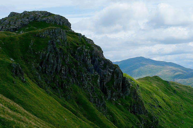 valley, rocks, mountains, distance, grass, HD wallpaper