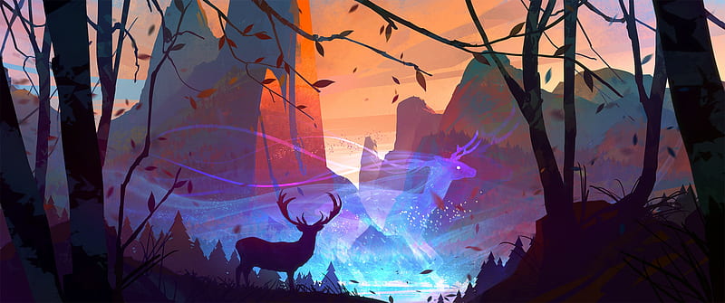 Spirit, blue, deer, forest, fantasy, bastien grivet, luminos, HD wallpaper