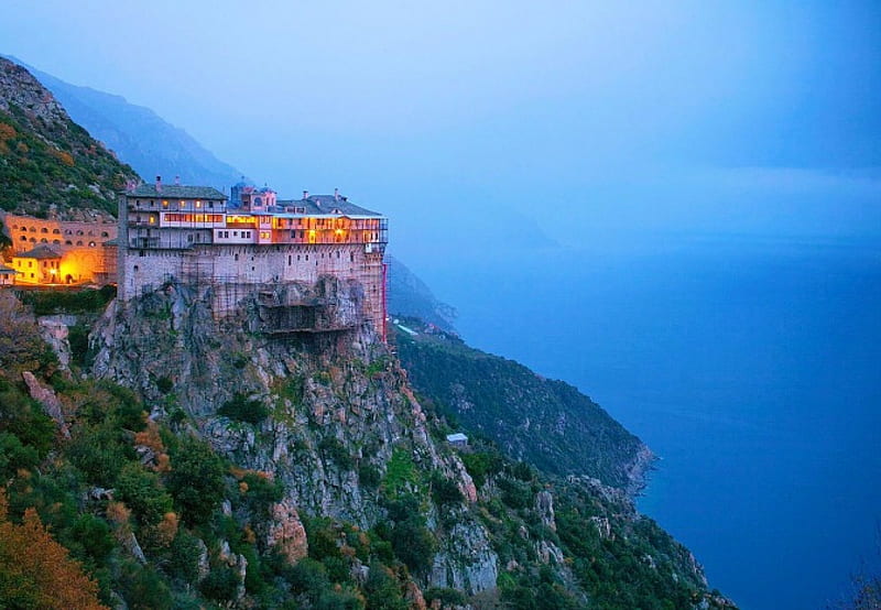 Simonos Petras Monastery, Founded In 1257, foggy, Christian Tibet, bonito, trees, pilgr site, Greece, cliff, coastline, Aegean Sea, Mount Athos, blue, HD wallpaper
