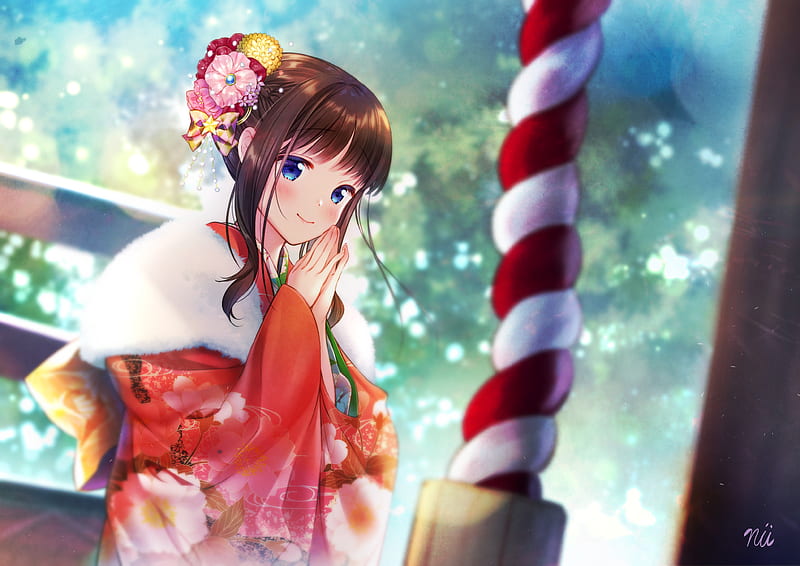 Kimono, shrine, anime girl, brown hair, Anime, HD wallpaper | Peakpx