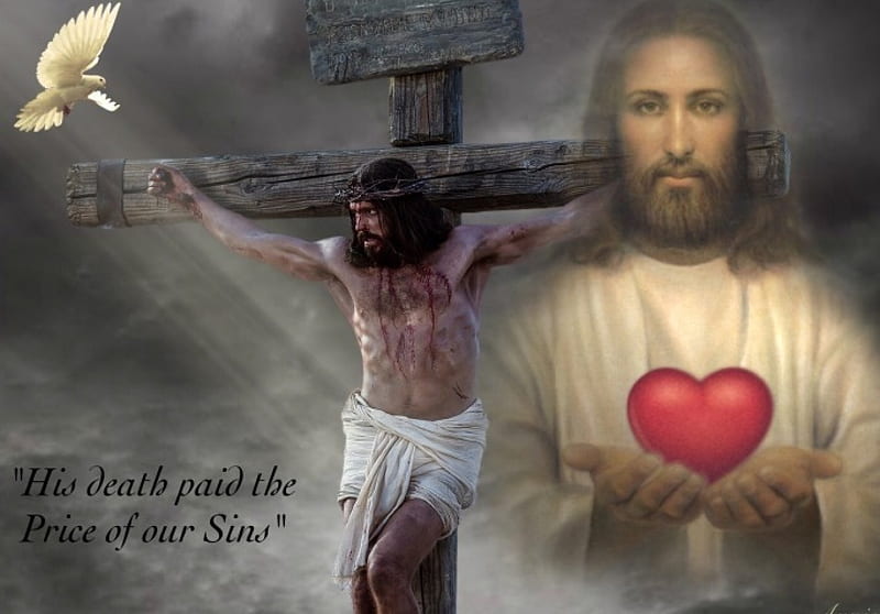 The Crucifixion of Our Lord, Jesus Christ, christian, lord, sacrafice, savior, lamb of God, love, dove, Heart, cross, Crucifixion, HD wallpaper