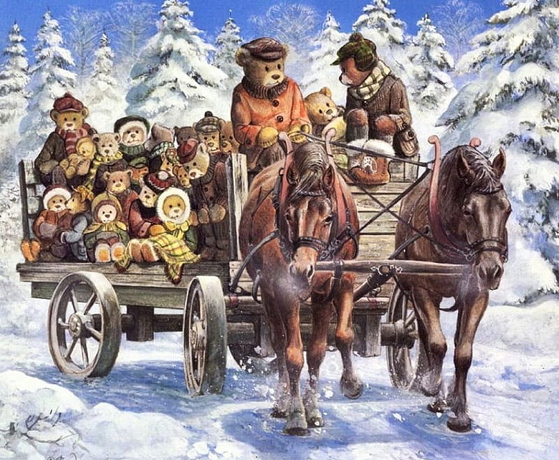 Teddybear's Christmas, snow, painting, cart, trees, artwork, horses, winter, HD wallpaper