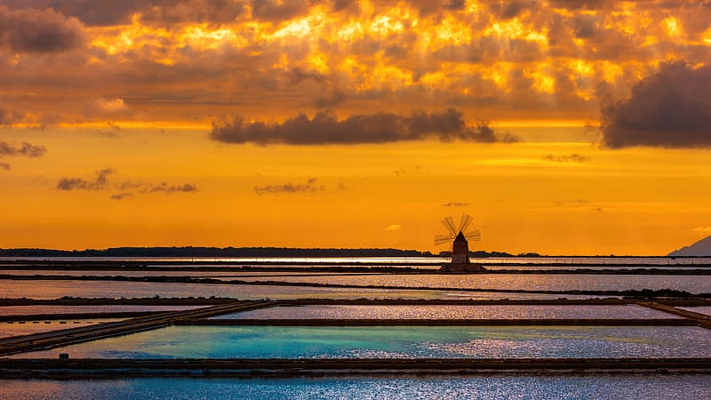Saline Of The Laguna Marsala, world, italy, nature, evening, sunset, HD wallpaper