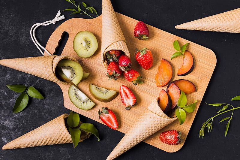 Fruits, Fruit, Berry, Kiwi, Strawberry, Plum, Still Life, Waffle Cone, HD wallpaper