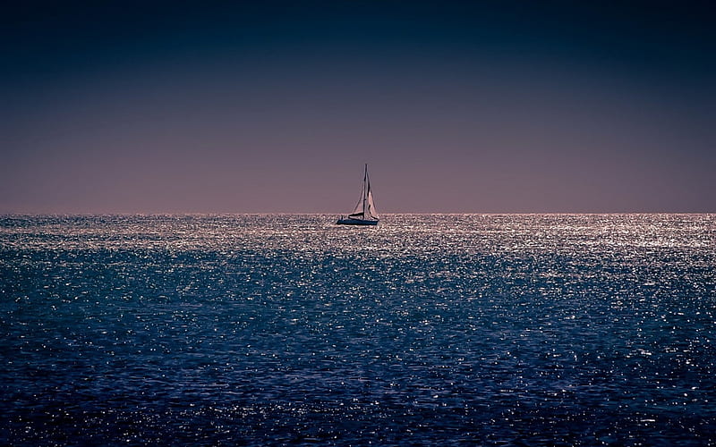Sailing, ocean, sea, sail, boat, water, ship, dark, summer, evening, blue, HD wallpaper