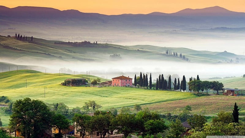 Misty Field, farm, Tuscany, Italy, Field, mist, HD wallpaper | Peakpx