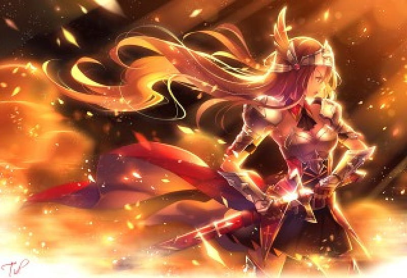 Golden Knight, glow flow, cg, magic, fantasy, gold, blade, anime, bright, blowing, anime girl, weapon, long hair, sword, light, female, blow, glowing, golden, wind, armor, girl, shining, flowing, windy, knight, HD wallpaper