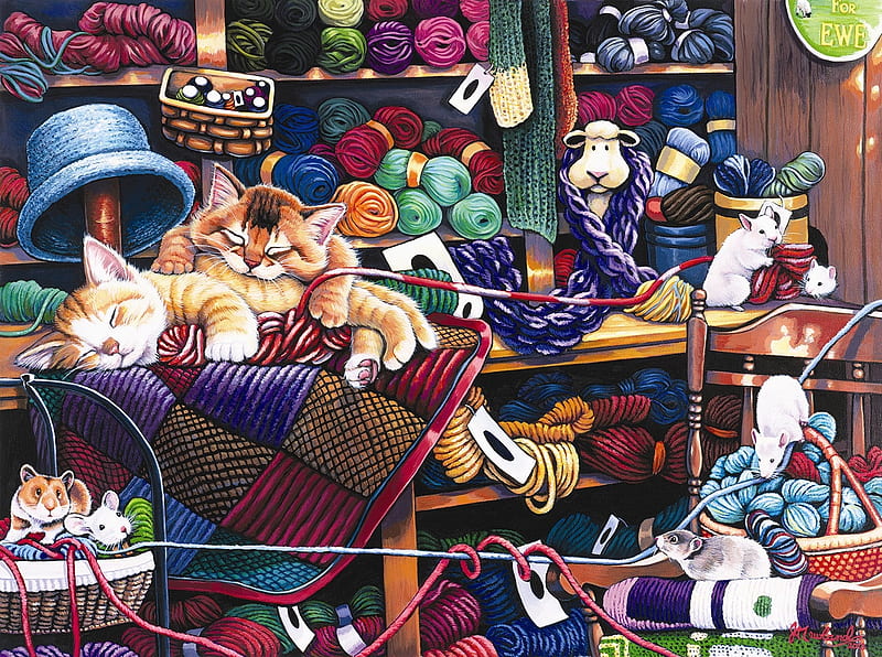 Midnight at The Yarn Shop, shop, yarn, mice, kittens, sleeping, HD wallpaper
