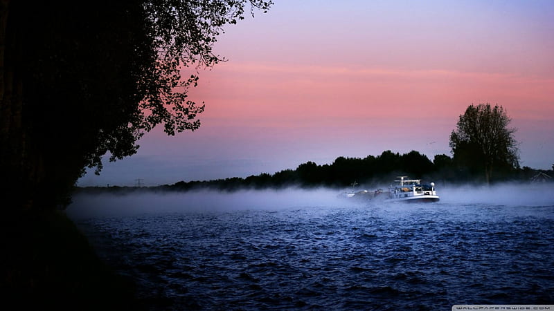 amsterdam rhine canal, sundown, boat, canal, fog, HD wallpaper