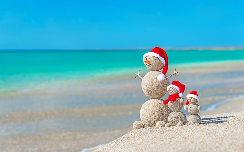 Christmas, tropical islands, beach, snowmen from the sand, New Year, sandy snowmen, HD wallpaper
