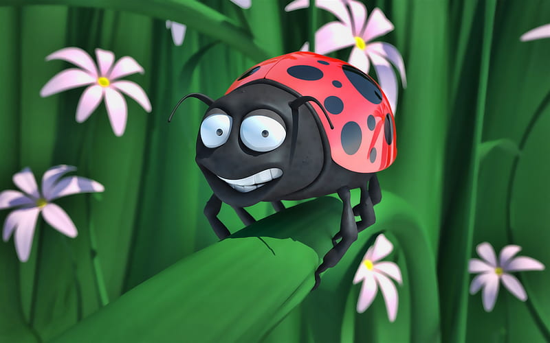 ladybug on stalk, 3D art, creative, ladybug, plants, cartoon insects, 3D ladybugs, HD wallpaper