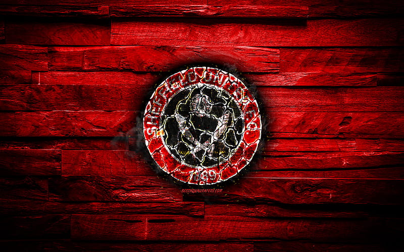 Sheffield United FC, red wooden background, England, burning logo, Championship, english football club, grunge, Sheffield United logo, football, soccer, wooden texture, HD wallpaper