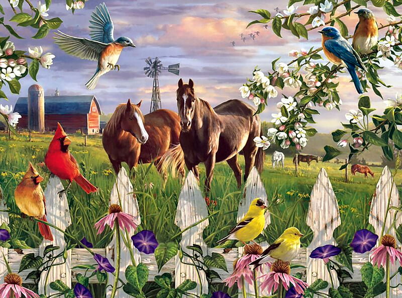Evening Meadow F2Cmp, art, songbirds, equine, birds, bonito, horse, artwork, bluebird, animal, painting, wide screen, flowers, picket fence, goldfinch, cardinal, HD wallpaper