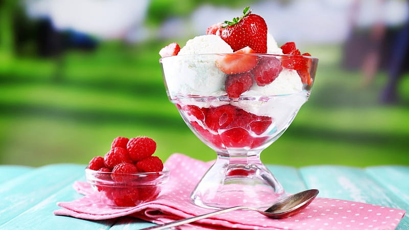 Ice Cream, strawberries, spoon, napkin, dessert, HD wallpaper
