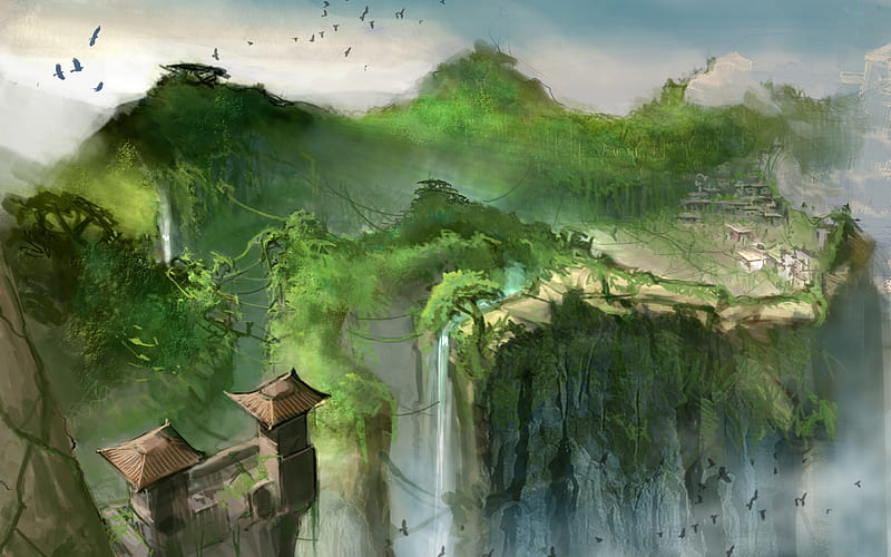 old city, birds, sky, clouds, mountain, fantasy, city, anime, waterfall, temple, landscape, HD wallpaper