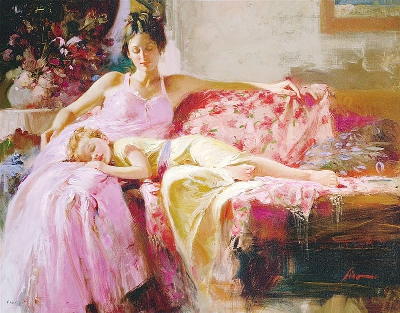 A place in my heart, mother, girl, sleep, woman, child, copil, sofa, pino daeni, pink, painting, pictura, HD wallpaper