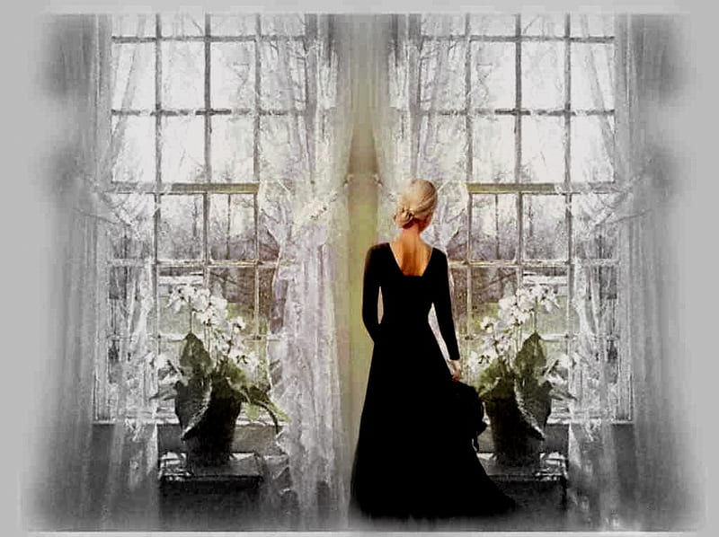 Contrast, window, mullions, curtains, lace, plants, black dress, woman, blond hair, HD wallpaper