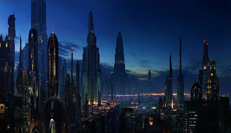 Coruscant at night, starwars, metropol, space, sunset, city, skyscrapes, planet, future, urban, blue, HD wallpaper