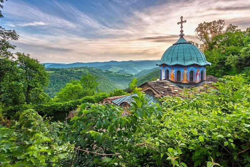 Sokolski Monastery, Bulgaria, forest, mountains, church, trees, clouds, sky, HD wallpaper