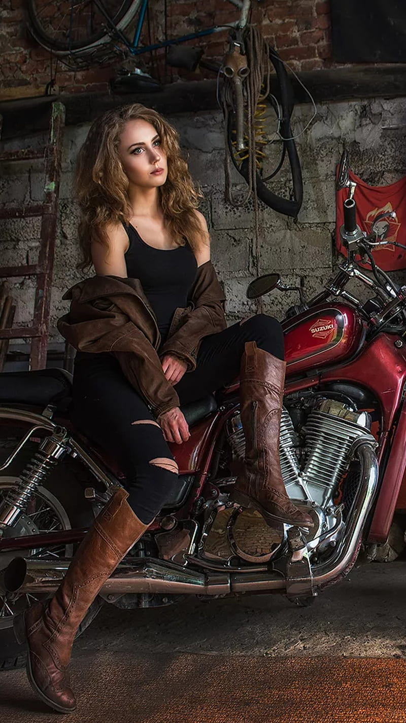 Girl and bike, boots, leather, motorcycle, pretty, red bike, sitting, HD phone wallpaper