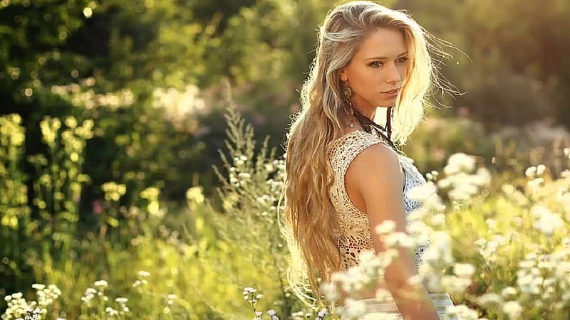 Lauren York and the Wild Flowers, daisies, wild flowers, grass, blonde, lace dress, white, trees, HD wallpaper
