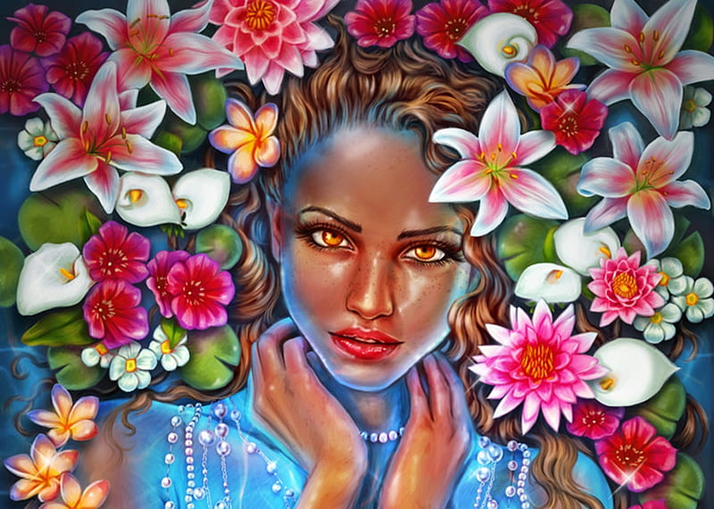 Water nymph Ophelia, art, lotus, luminos, mermaid, emilia pawlikowska, water nymph, fantasy, green, girl, lily, flower, face, siren, white, pink, blue, HD wallpaper