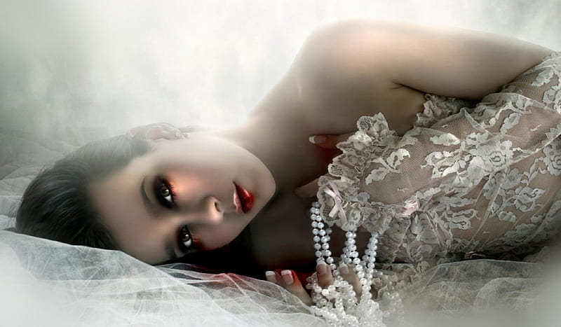 Lady in White, pearls, white, lady, woman, HD wallpaper