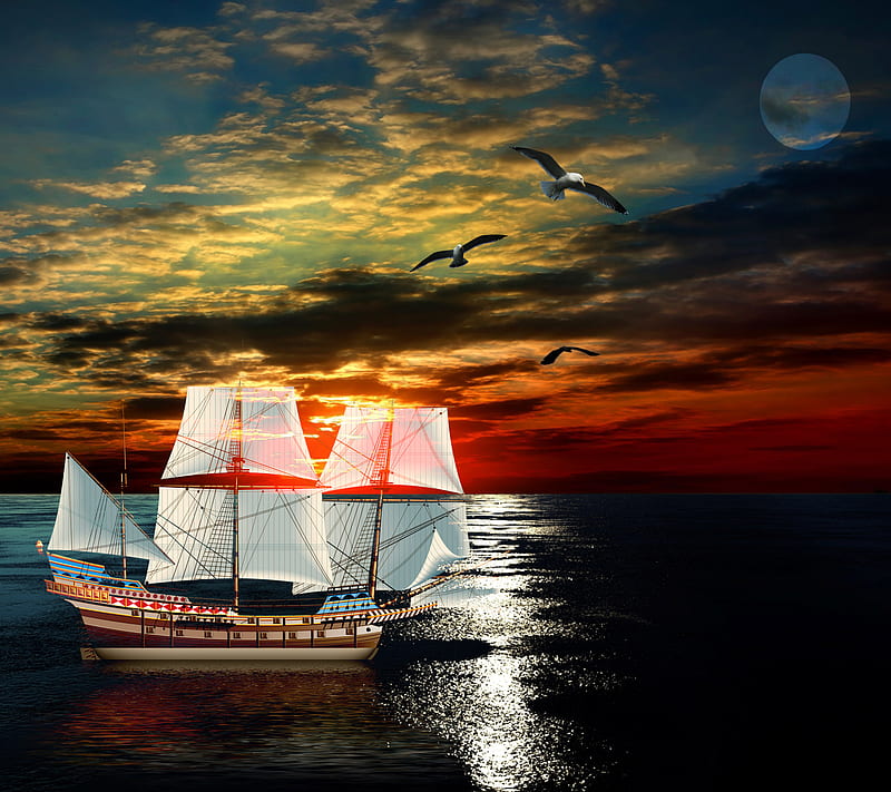 sunset ship, 3d, boat, cool new, ocean, sea, ship, sky, sun, sunset, water, HD wallpaper