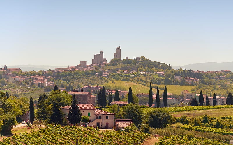 San Gimigniano, Italy, Tuscany, town, Italy, fields, hill, trees, landscape, HD wallpaper