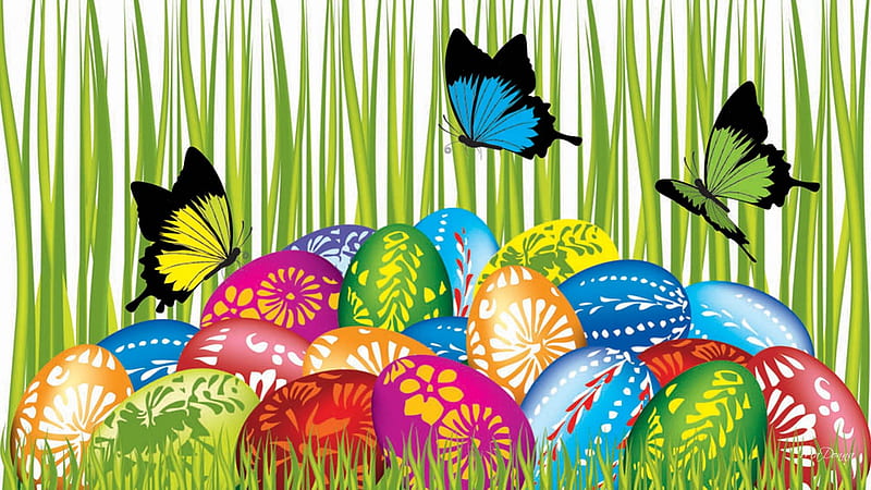Easter Eggs in the Grass, colorful, grass, children, Sunday, painted, butterflies, Easter, bright, eggs, hunt, lawn, hidden, HD wallpaper