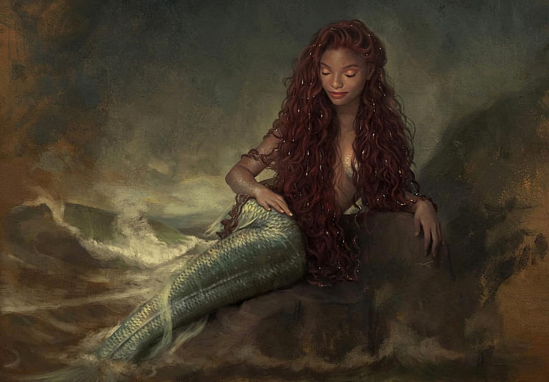 Mermaid, art, fantasy, girl, black, digital, siren, woman, HD wallpaper