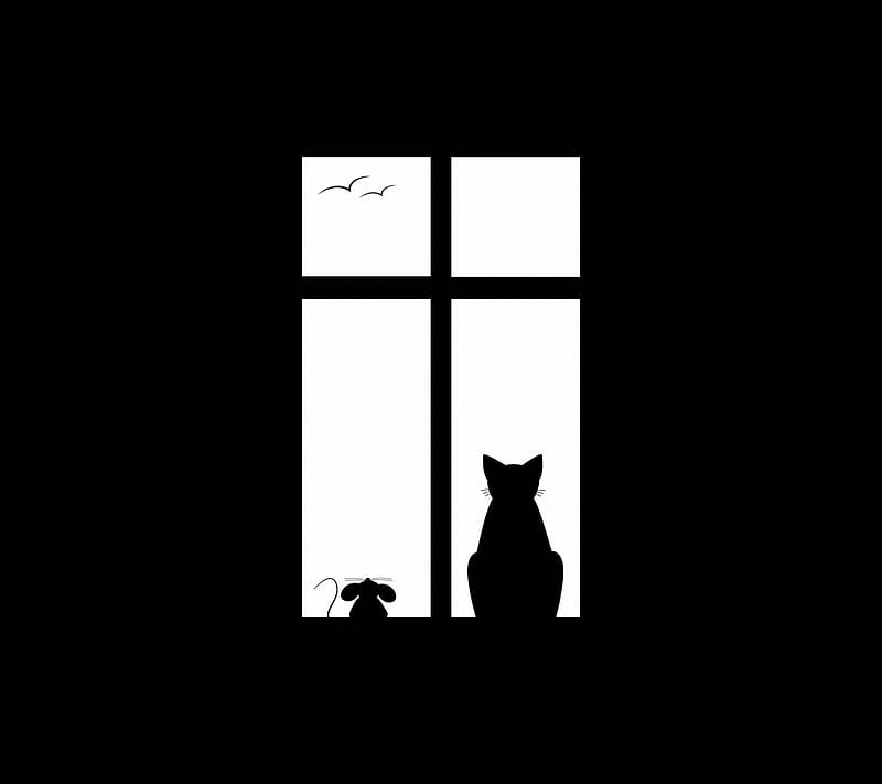 Window Silhouettes, abstract, black, cat, colorless, home, house, mouse, white, HD wallpaper