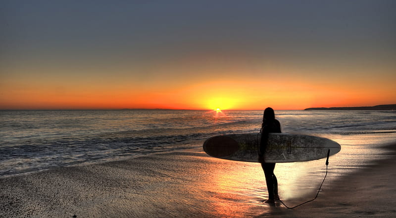 Surfin the Sunset, surf, sunset, sea, women, ocean, clouds, sky, beach, sand, surf board, beauty, reflection, HD wallpaper