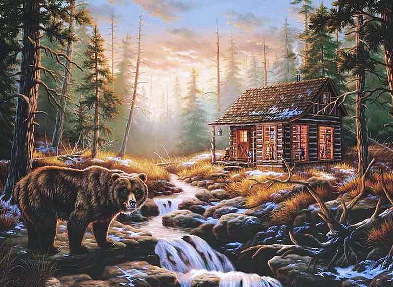 Bear's Cottage, forest, predator, house, mountains, painting, creek, HD wallpaper