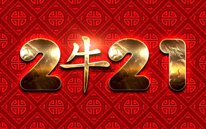 2021 golden digits Ox zodiac sign, 2021 New Year, red chinese background, year of the Ox, Happy New Year 2021, 2021 concepts, 2021 with Ox sign, Chinese calendar, 2021 on red background, 2021 year digits, HD wallpaper