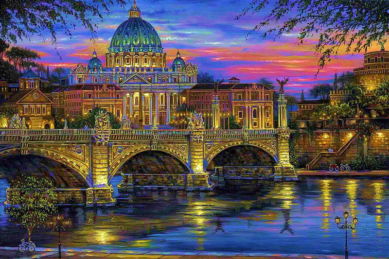 Rome, painting, tiber, bridge, vatican, HD wallpaper