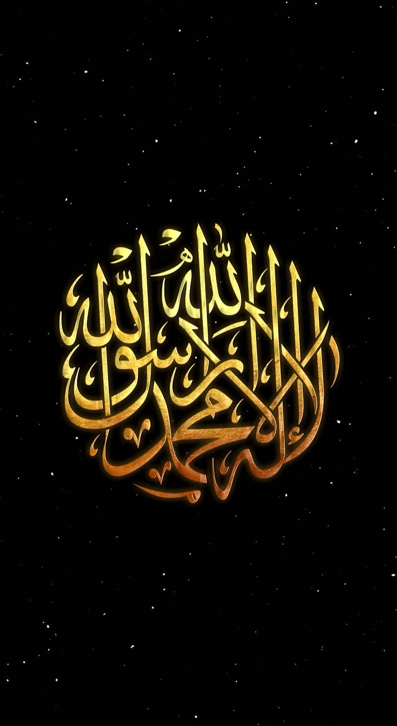 Islamic kalma tayab, allah, bonito, black, golden, islam, muslim, stars, HD phone wallpaper