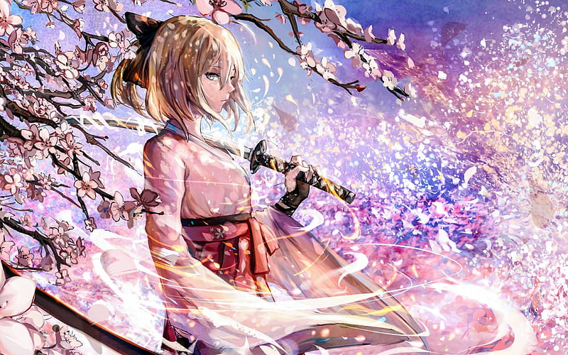 Fate Grand Order, Sakura, Katana, Japanese sword, characters, Japanese manga, art, HD wallpaper