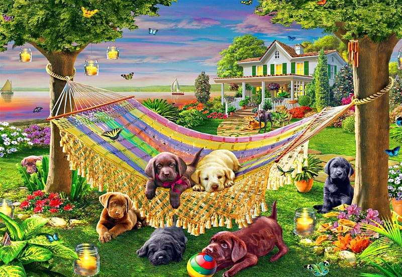 Puppies and butterflies, house, shore, cottage, countryside, puppies, village, river, friends, animals, rest, relax, butterflies, spring, sky, lake, water, summer, sailboats, dogs, HD wallpaper