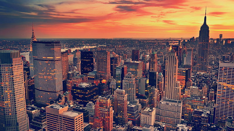 New York sunset, Empire State Building, evening, Manhattan, USA, skyscrapers, HD wallpaper