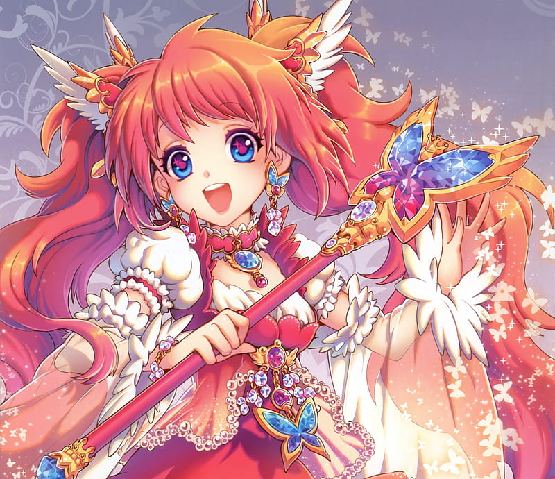 Anime girl, orange, manga, nardack, butterfly, girl, anime, jewel, pink, blue, HD wallpaper