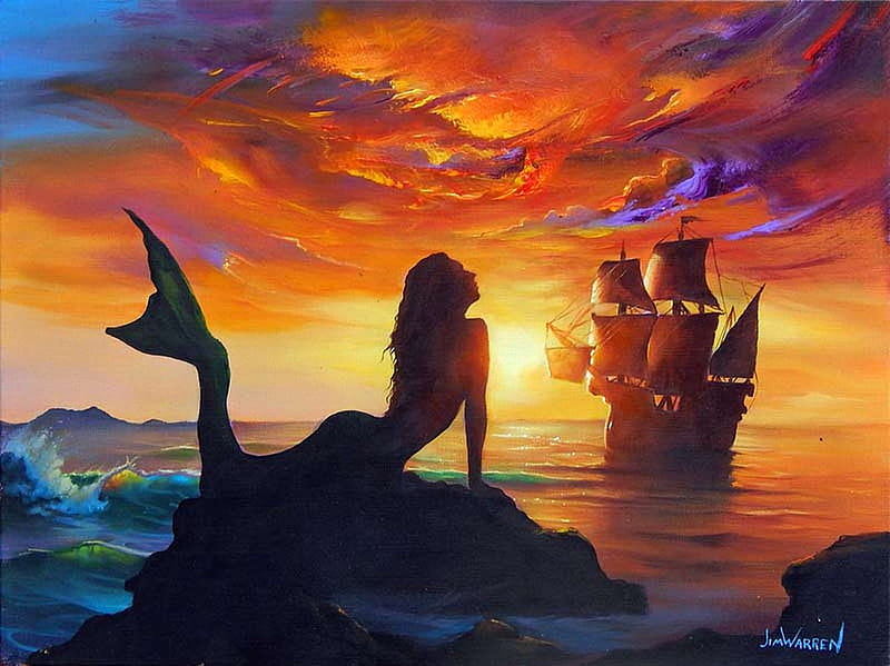 Mermaid, ship, sky, sea, rocks, girl, sunset, HD wallpaper