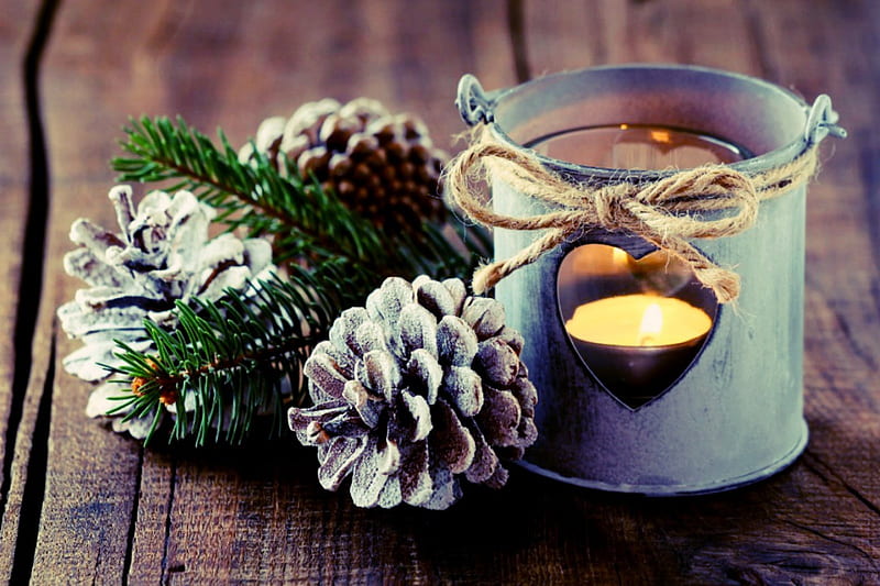 Winter Lantern , candle, glow, lantern, bonito, pine cone, bow, winter, heart, fir, light, HD wallpaper