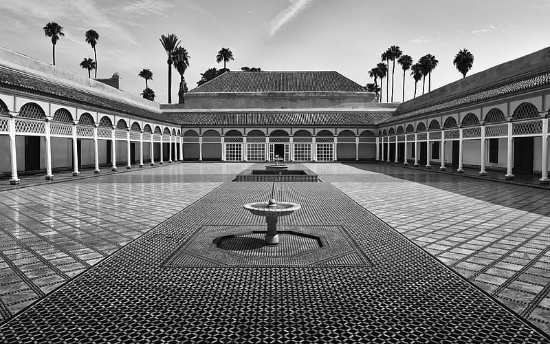 Bahia Palace, Back courtyard, monochrome, palace, landmark, Marrakesh, Morocco, HD wallpaper
