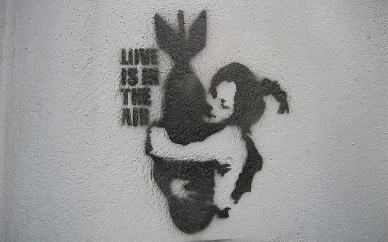 Banksy-love is in the air, black and white, art, banksy, graffiti, HD  wallpaper | Peakpx