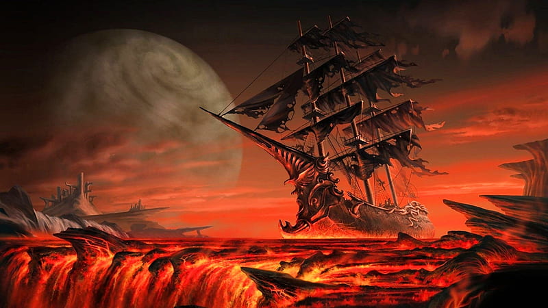 Space Pirates, fiery, planet, ship, art, digital, sails, HD wallpaper