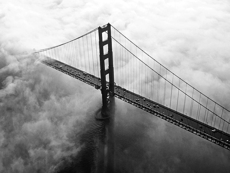 Golden Gate, architecture, california, bonito, fog, graphy, nice, bridge, famous, america, night, from above, colors, black, san francisco, water, white, HD wallpaper
