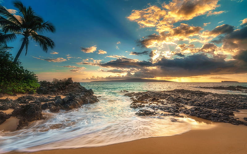 Makena Cove, Maui, Hawaii, sunset, Pacific Ocean, coast, islands, USA, HD wallpaper