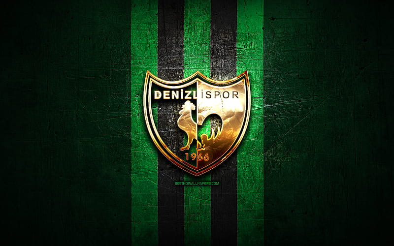 Denizlispor FC, golden logo, Turkish Super League, green metal background, football, Denizlispor, Turkish football club, Denizlispor logo, Super Lig, soccer, Turkey, HD wallpaper